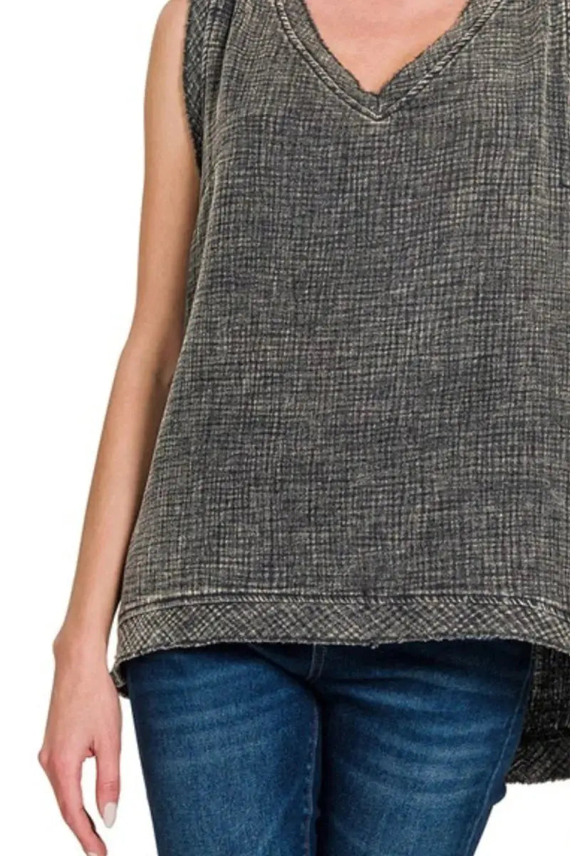 Zenana Double Gauze Raw Edge Acid Washed Tank Top - Love Salve